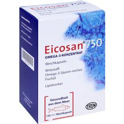 Weiße Medikamentenschachtel mit der Aufschrift "Eicosan 750 Omega-3-Konzentrat".