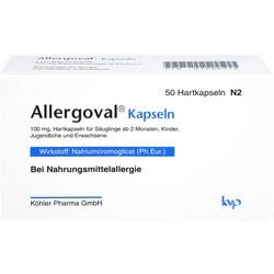 Packung von Allergoval Kapseln zur Behandlung von Nahrungsmittelallergien.