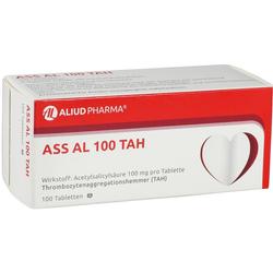 Eine Medikamentenpackung mit der Aufschrift "ASS AL 100 TAH" und einem Herzsymbol.