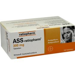 Schachtel mit ASS-ratiopharm Schmerztabletten, 300 mg, 100 Stück.