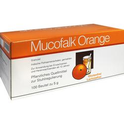 Orangefarbene Verpackung von Mucofalk, ein pflanzliches Mittel zur Stuhlregulierung.