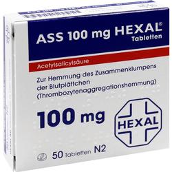 Eine Medikamentenschachtel von ASS 100 mg Hexal mit 50 Tabletten.