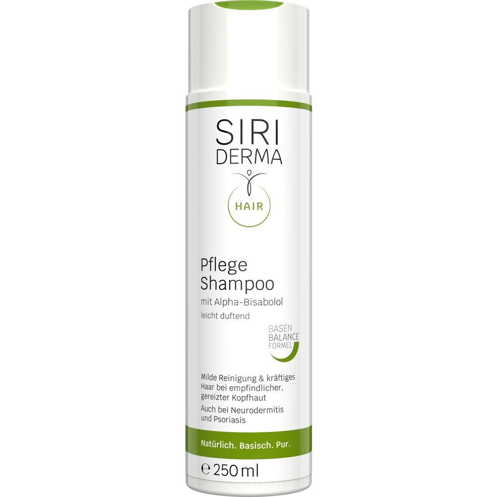 Weiße Shampooflasche mit grünem Deckel und Schriftzug "Siri Derma Pflege Shampoo".