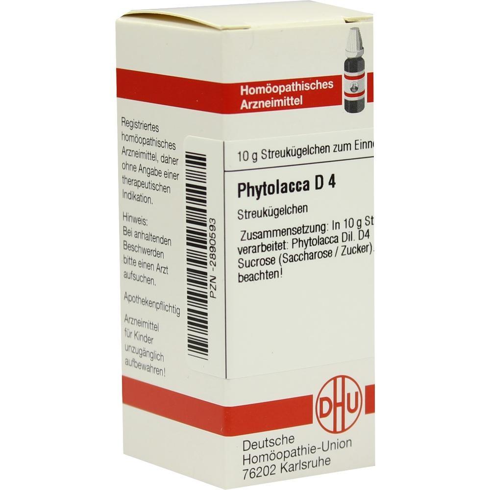 Weiße Schachtel mit rotem Streifen, enthält homöopathische Streukügelchen Phytolacca D 4.