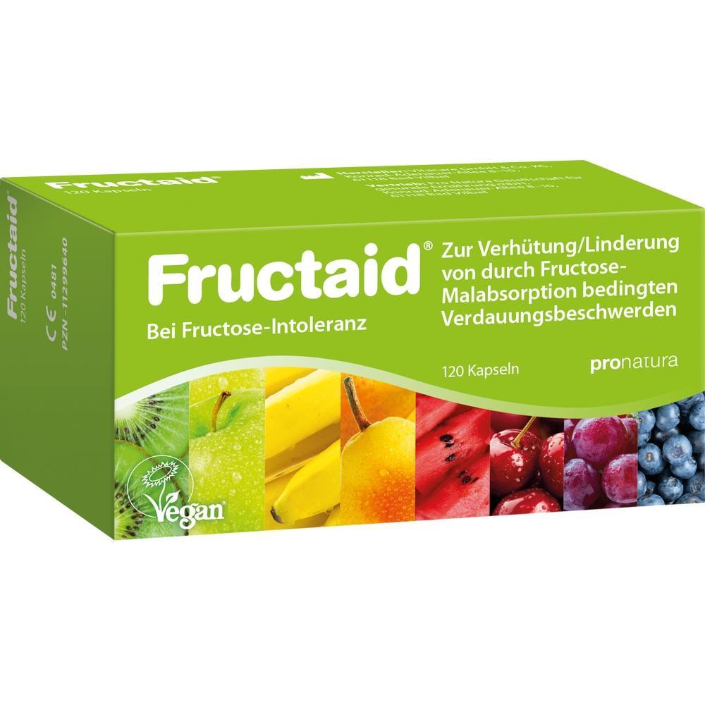 Grüne Fructaid-Verpackung mit Bildern von buntem Obst für Fructose-Intoleranz.