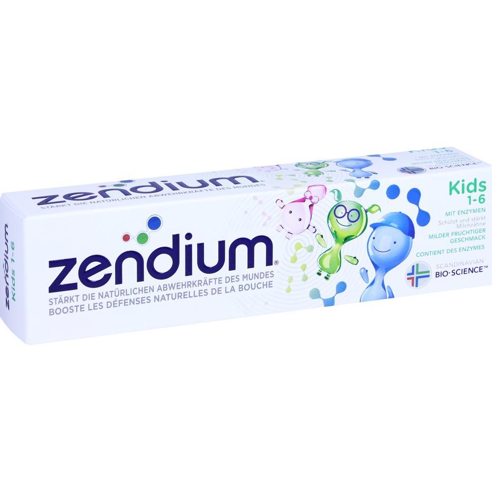 Eine Zahnpastaverpackung von Zendium für Kinder mit fruchtigem Geschmack.