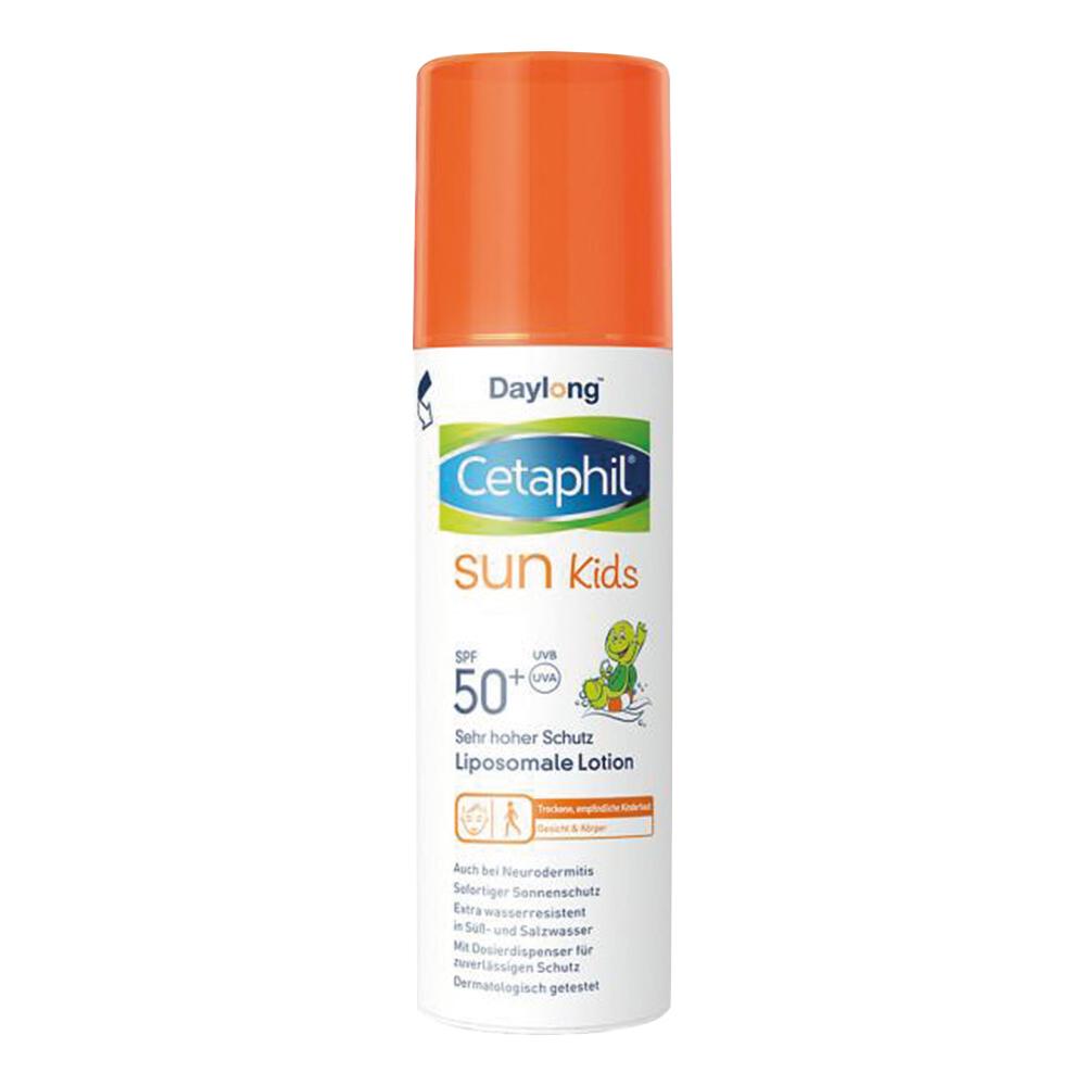 Weiße Sonnencreme-Flasche mit orangener Kappe, für Kinder, mit Lichtschutzfaktor 50+.
