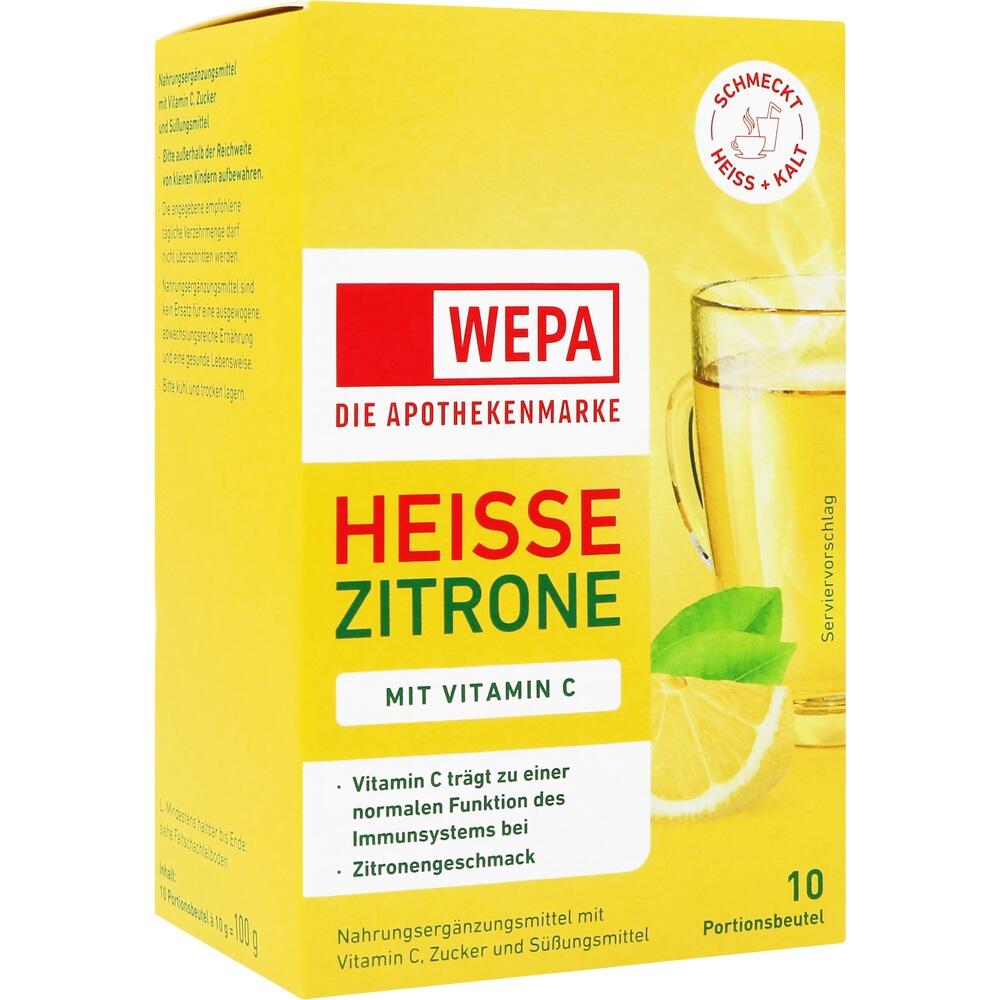 Gelbe Packung mit "Heiße Zitrone" und Vitamin C, zeigt Tasse mit Zitronengetränk.