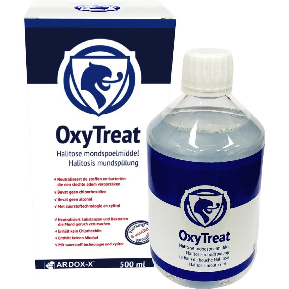 Eine Flasche und Schachtel Mundspülung namens OxyTreat gegen Mundgeruch.