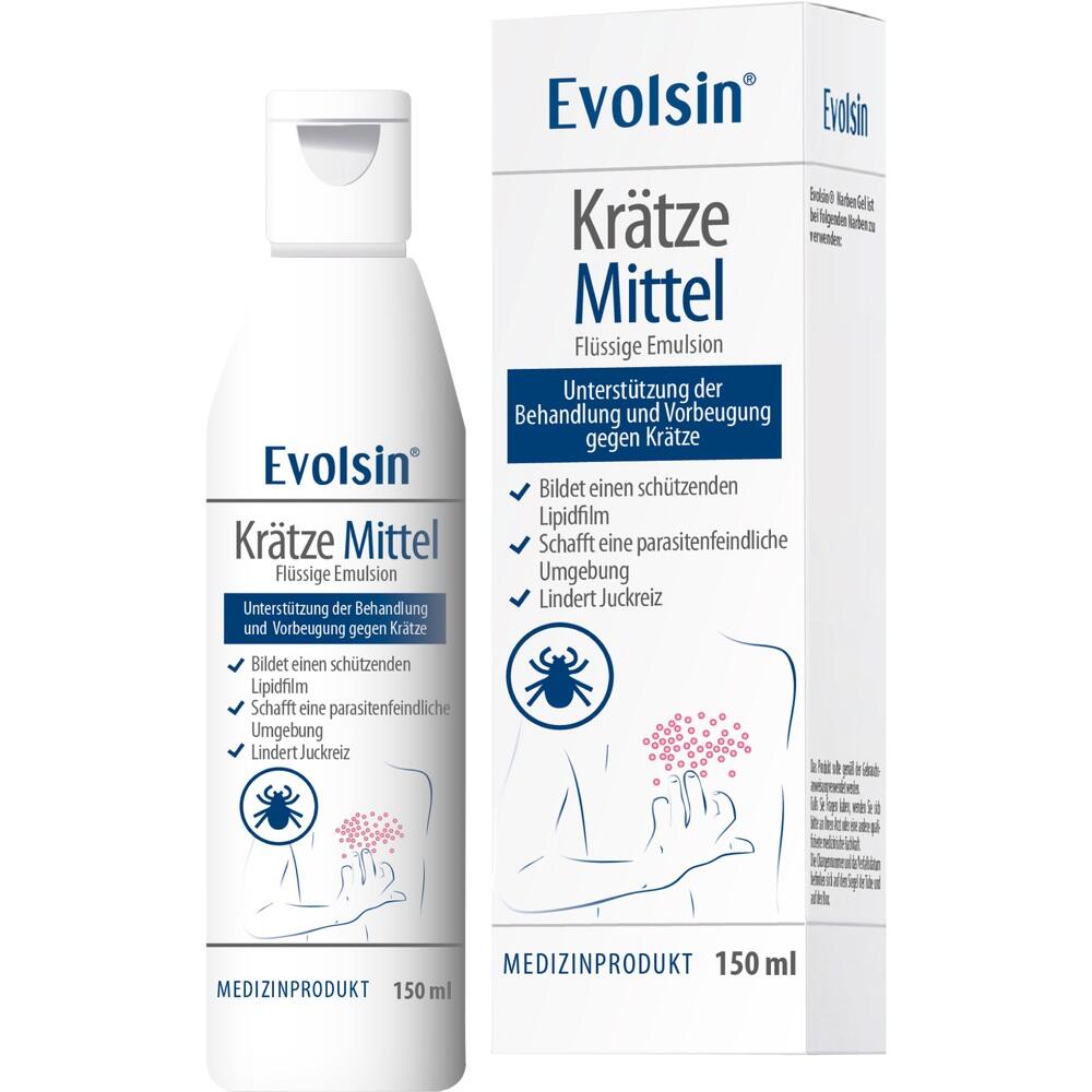 Flasche und Schachtel eines Mittels gegen Krätze mit blauer und weißer Aufschrift.