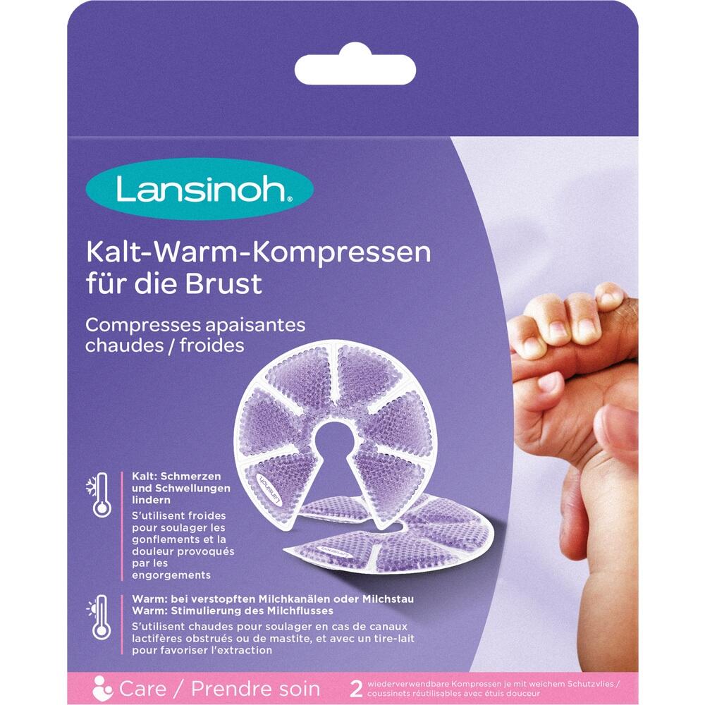 Lila Packung mit Kalt-Warm-Kompressen für die Brust.
