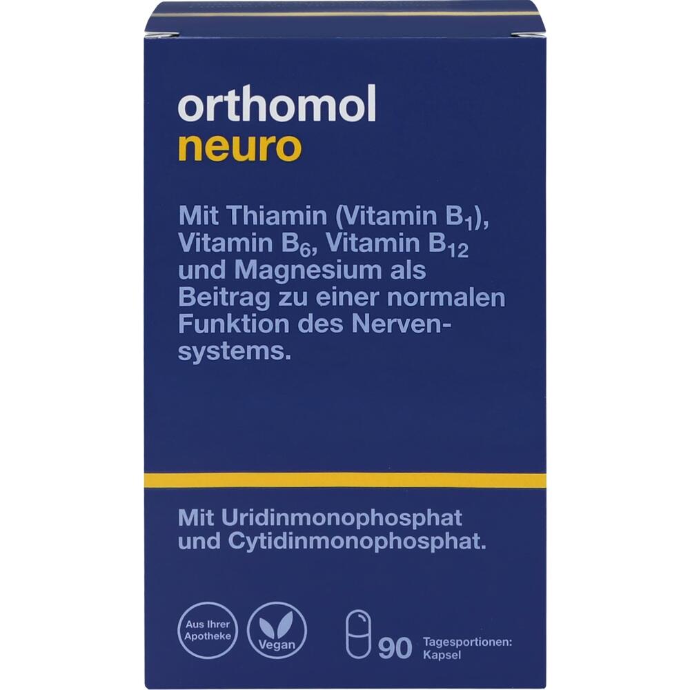 Blauer Karton mit Informationen über Vitamine und Nährstoffe für das Nervensystem.